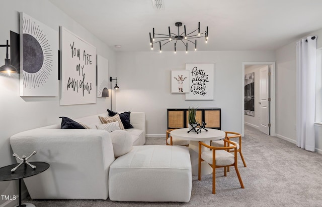 living area with visible vents, baseboards, carpet, and an inviting chandelier