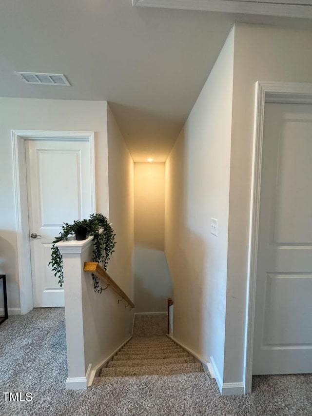 stairs with carpet, visible vents, and baseboards