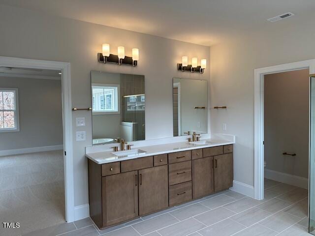 bathroom with double vanity, visible vents, baseboards, and a sink