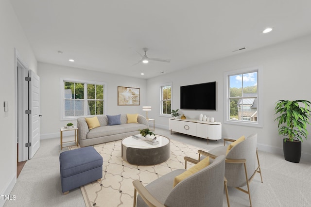 12912 Grey Willow Dr, Raleigh, NC 27613 - carpeted living room with ceiling fan, baseboards, and recessed lighting