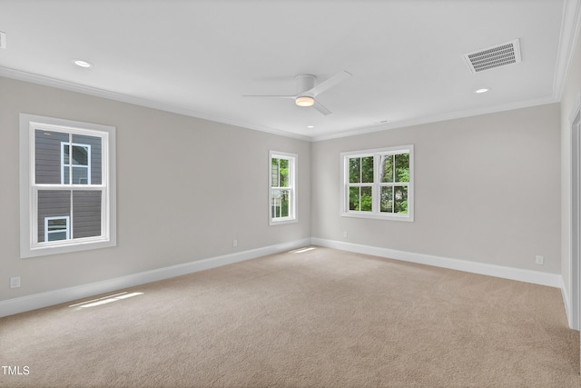 12912 Grey Willow Dr, Raleigh, NC 27613 - spare room with crown molding, baseboards, a ceiling fan, carpet flooring, and recessed lighting