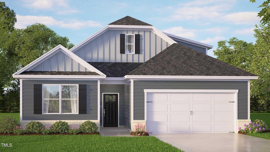 view of front of home featuring a front lawn, roof with shingles, board and batten siding, concrete driveway, and an attached garage