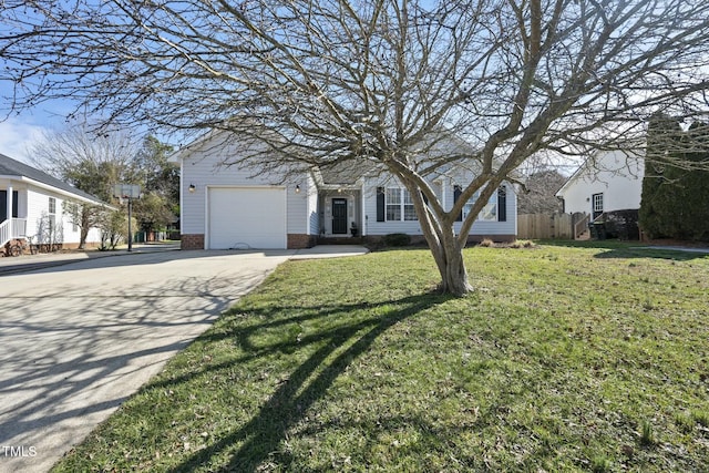 view of front of property featuring concrete driveway, an attached garage, fence, and a front lawn