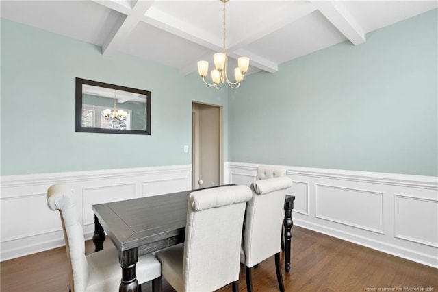 dining area with beam ceiling, a notable chandelier, and dark wood-style flooring