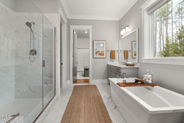 full bath with vanity, a stall shower, marble finish floor, and ornamental molding