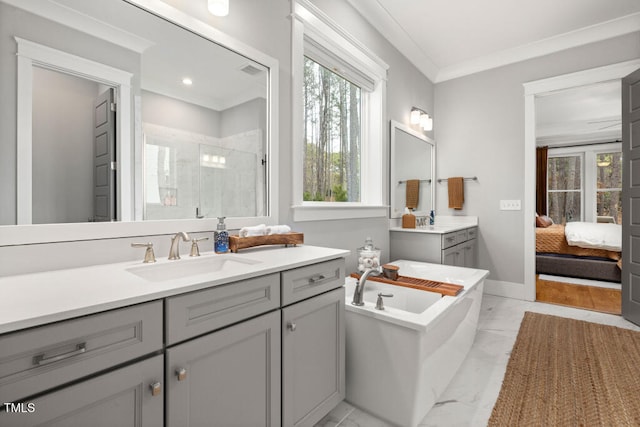 ensuite bathroom with a freestanding bath, ornamental molding, a stall shower, ensuite bathroom, and a sink