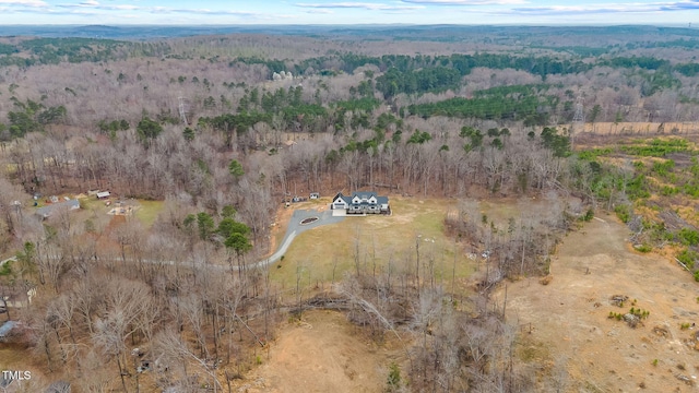 bird's eye view featuring a wooded view