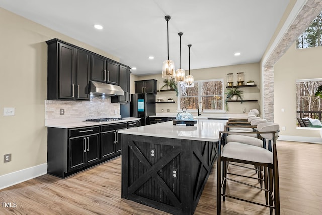 kitchen with under cabinet range hood, dark cabinetry, freestanding refrigerator, and open shelves