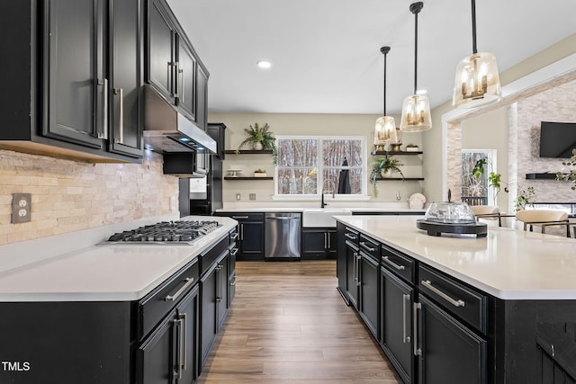 kitchen featuring dark cabinetry, open shelves, light wood-style flooring, light countertops, and appliances with stainless steel finishes