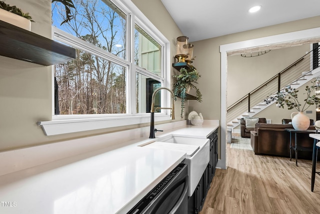 kitchen featuring dishwasher, light countertops, a healthy amount of sunlight, and light wood-type flooring