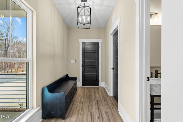 entrance foyer with an inviting chandelier, wood finished floors, baseboards, and a wealth of natural light