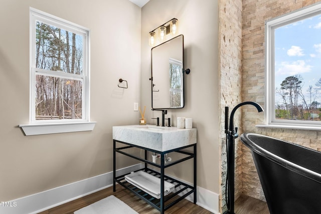 full bath featuring a wealth of natural light, a freestanding tub, baseboards, and wood finished floors