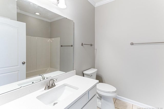 full bathroom featuring vanity, crown molding, toilet, and tile patterned floors