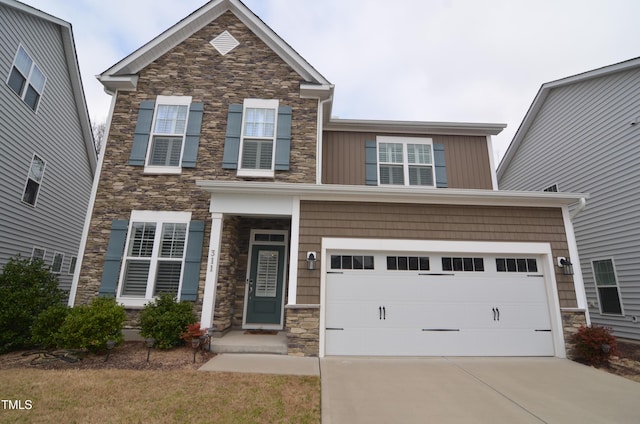 craftsman house with stone siding and driveway