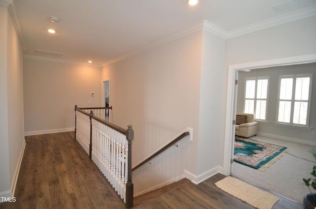 hall featuring crown molding, an upstairs landing, and baseboards