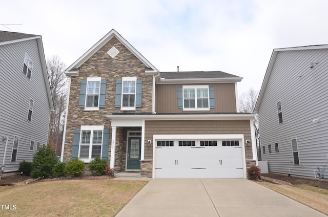 craftsman inspired home with a front lawn, an attached garage, stone siding, and driveway