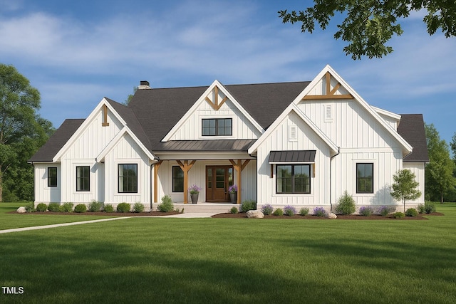 4060 Granite Ridge Trl, Raleigh, NC 27616 - modern inspired farmhouse with board and batten siding, a front yard, a standing seam roof, and a porch