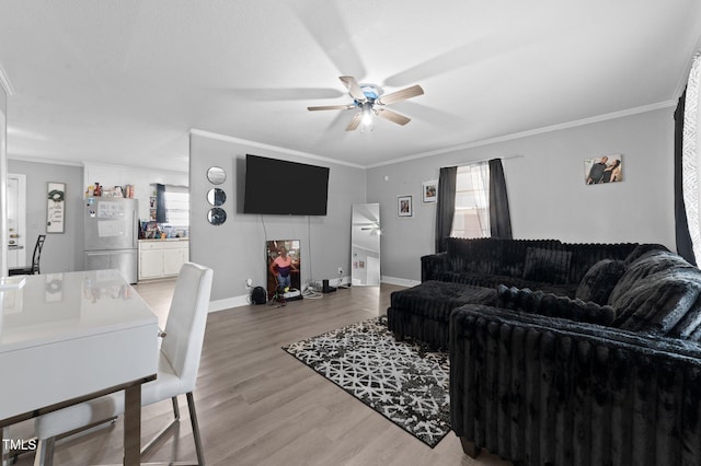 living area featuring a wealth of natural light, light wood-style flooring, a ceiling fan, and crown molding