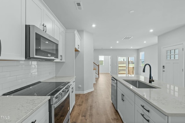 kitchen with visible vents, a sink, decorative backsplash, white cabinets, and appliances with stainless steel finishes