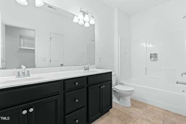 bathroom featuring double vanity, toilet, visible vents, and a sink