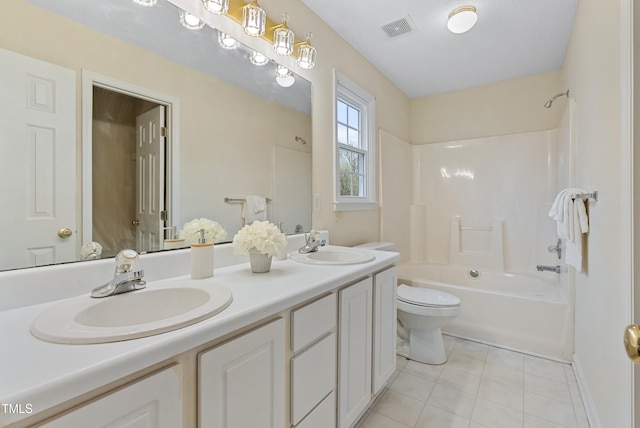 bathroom with double vanity, visible vents, toilet, and a sink