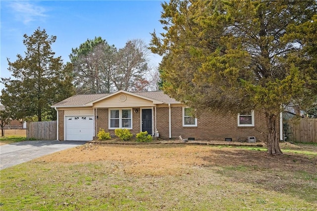 single story home with a garage, brick siding, driveway, and fence