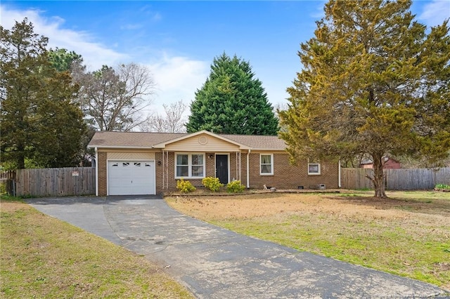 single story home with aphalt driveway, fence, an attached garage, crawl space, and brick siding