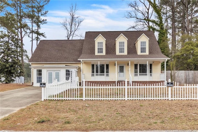 new england style home featuring a fenced front yard, covered porch, concrete driveway, and a shingled roof