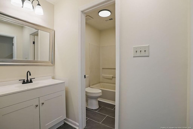 full bath with tile patterned flooring, visible vents, toilet, and vanity