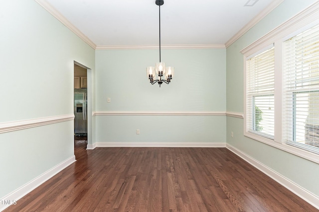 unfurnished dining area featuring crown molding, dark wood-style floors, and a chandelier