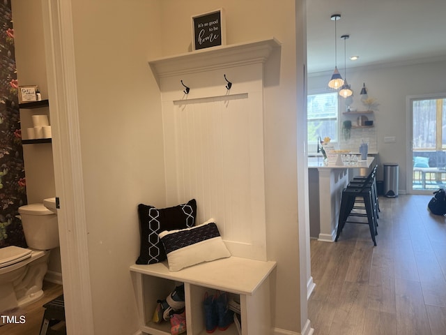 mudroom featuring crown molding, baseboards, and wood finished floors