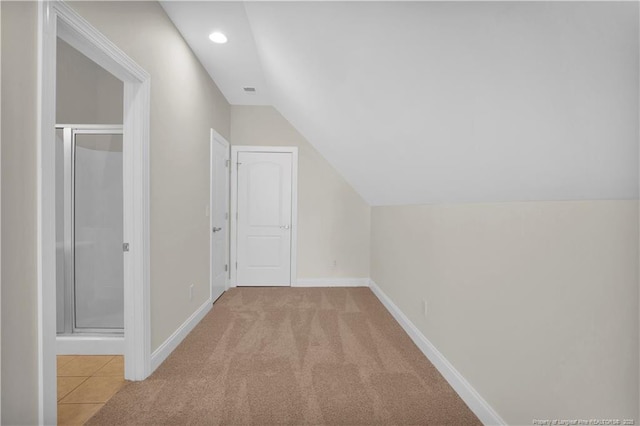 bonus room with vaulted ceiling, recessed lighting, baseboards, and carpet floors