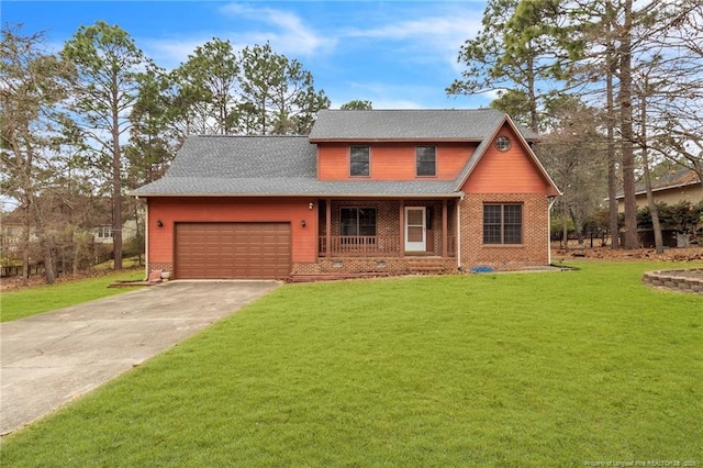 view of front of house with brick siding, an attached garage, driveway, and a front yard