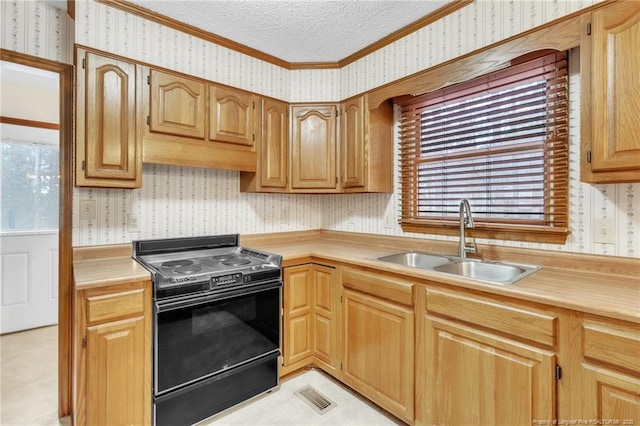 kitchen with visible vents, wallpapered walls, black range with electric cooktop, light countertops, and a sink