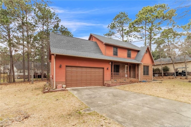 view of front of house with a porch, an attached garage, a shingled roof, concrete driveway, and brick siding