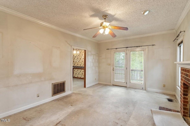 unfurnished living room with ceiling fan, baseboards, crown molding, a textured ceiling, and a brick fireplace