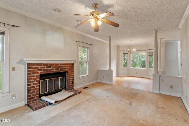 unfurnished living room featuring crown molding, baseboards, carpet, a fireplace, and a ceiling fan