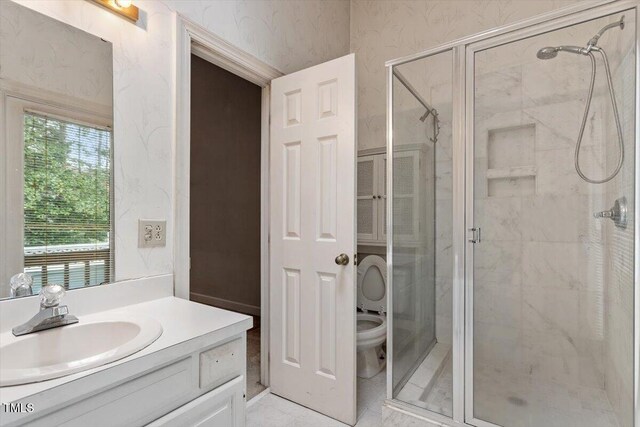 bathroom with a shower stall, toilet, and vanity