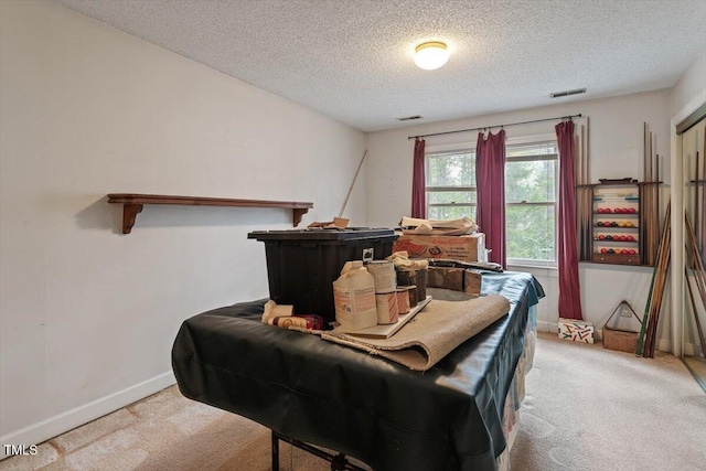 sitting room with carpet floors, a textured ceiling, and baseboards