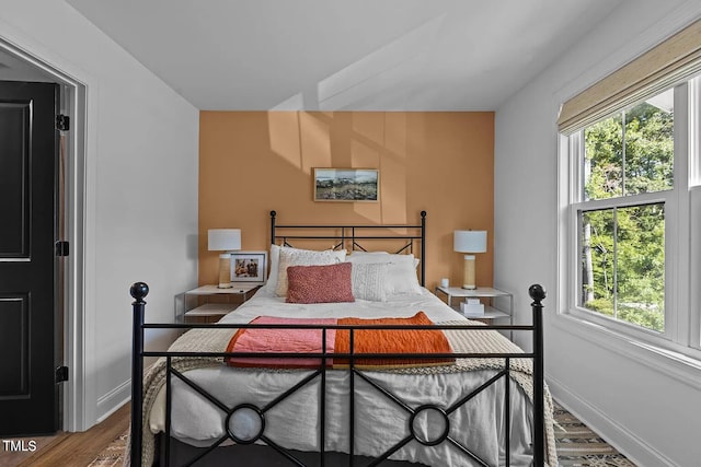 bedroom featuring baseboards, multiple windows, and wood finished floors