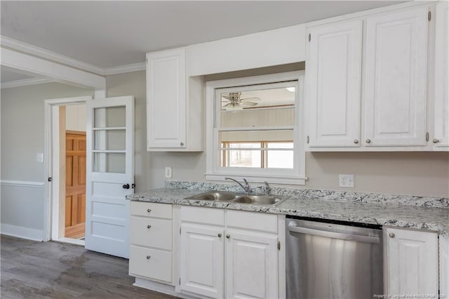 kitchen featuring stainless steel dishwasher, a sink, dark wood-type flooring, white cabinetry, and ornamental molding