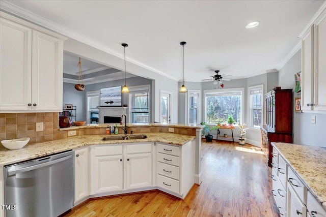 1624 Struble Cir, Willow Springs, NC 27592 - kitchen featuring stainless steel dishwasher, ceiling fan, light wood finished floors, a peninsula, and backsplash
