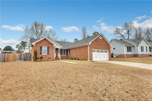 single story home featuring fence, driveway, an attached garage, a front lawn, and crawl space