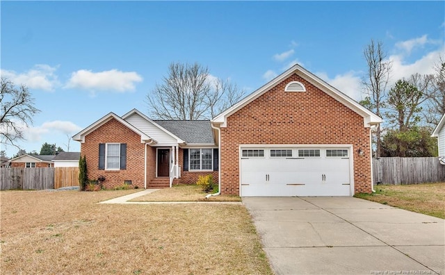 single story home with a garage, concrete driveway, a front lawn, and fence