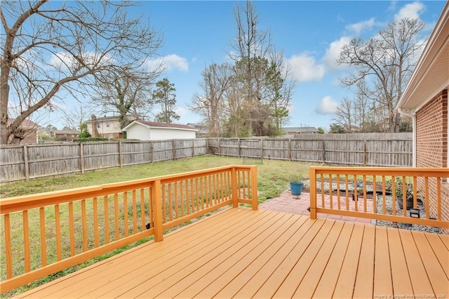 wooden terrace with a yard and a fenced backyard