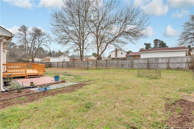 view of yard with a fenced backyard and a deck