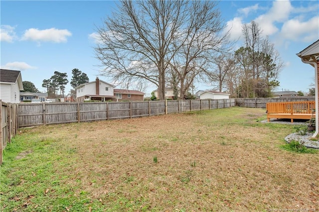 view of yard with a wooden deck and a fenced backyard