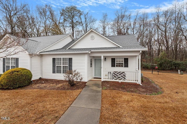 view of front of home with a front yard and roof with shingles