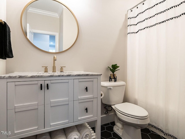 730 Toms Creek Rd, Cary, NC 27519 - bathroom featuring toilet, crown molding, curtained shower, tile patterned flooring, and vanity