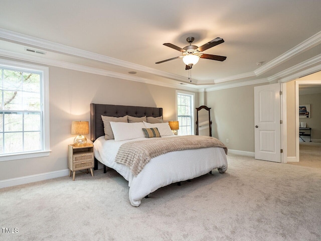 730 Toms Creek Rd, Cary, NC 27519 - bedroom with a raised ceiling, ornamental molding, light carpet, and visible vents